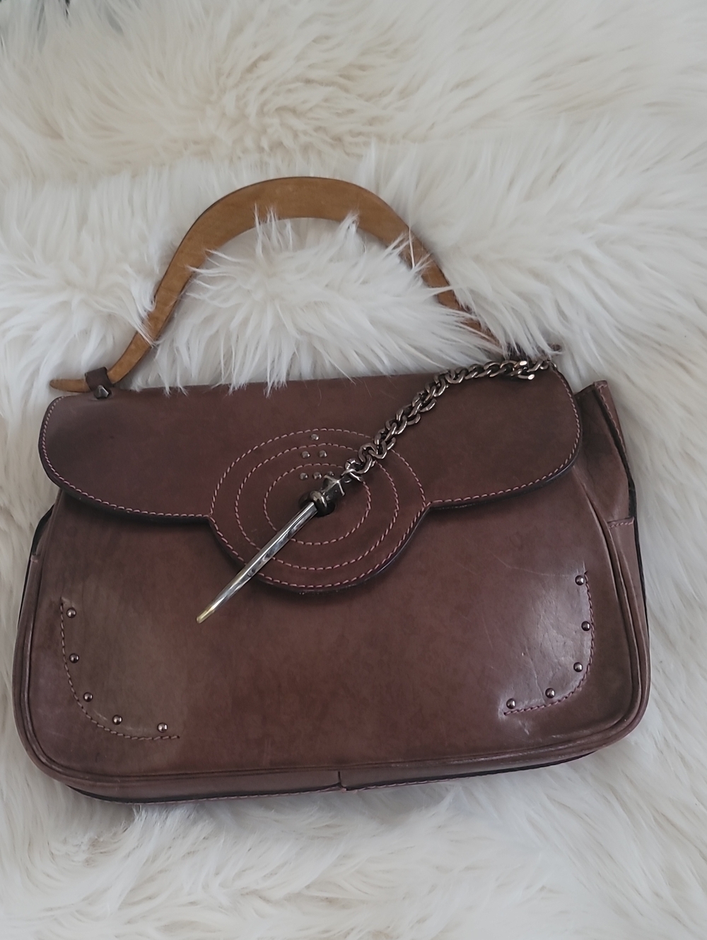 Source Unknown Brown Leather-Look Shoulder Bag with Chain Accent